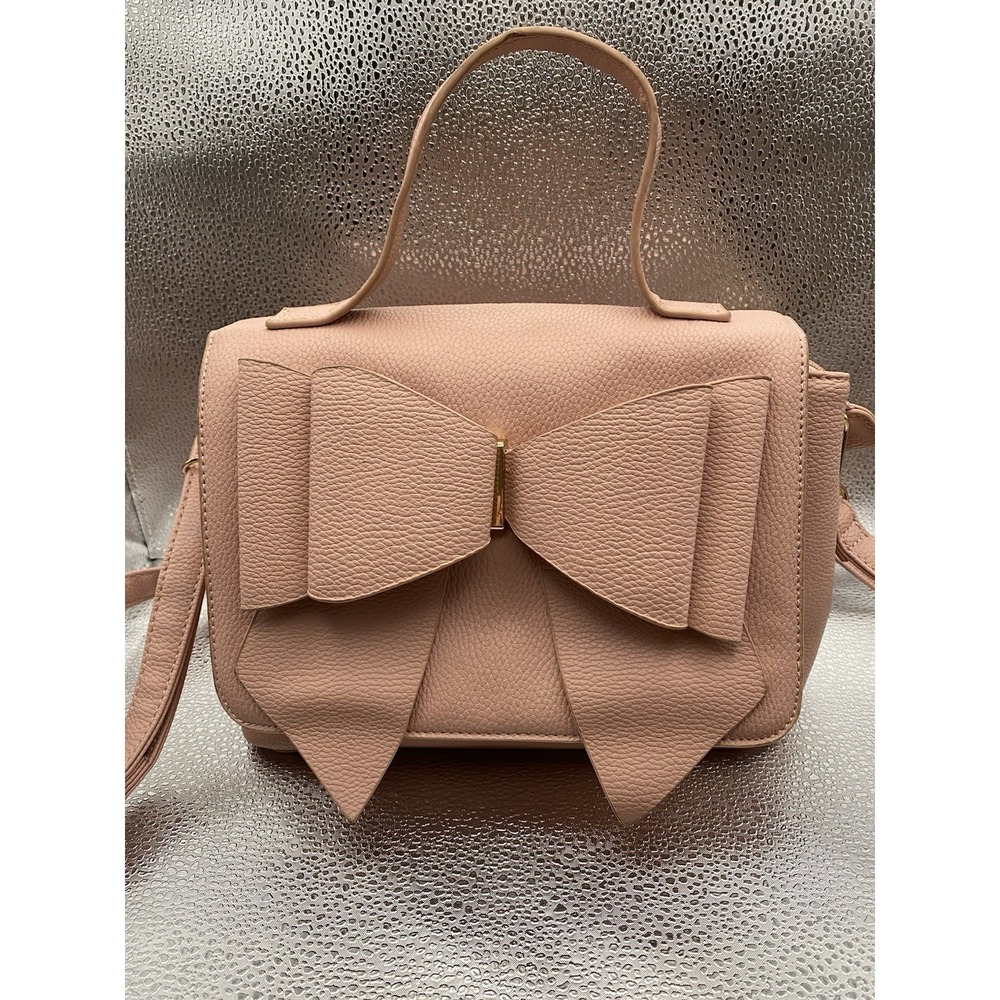 Crossi Beige Bow Accent Satchel Bag Pebbled Finish Detachable Strap Zip Closure
